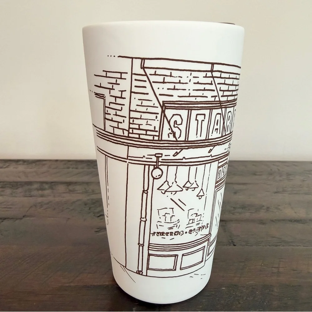 Starbucks Pike Place First Store Storefront White Ceramic Travel Tumbler 12 F Oz